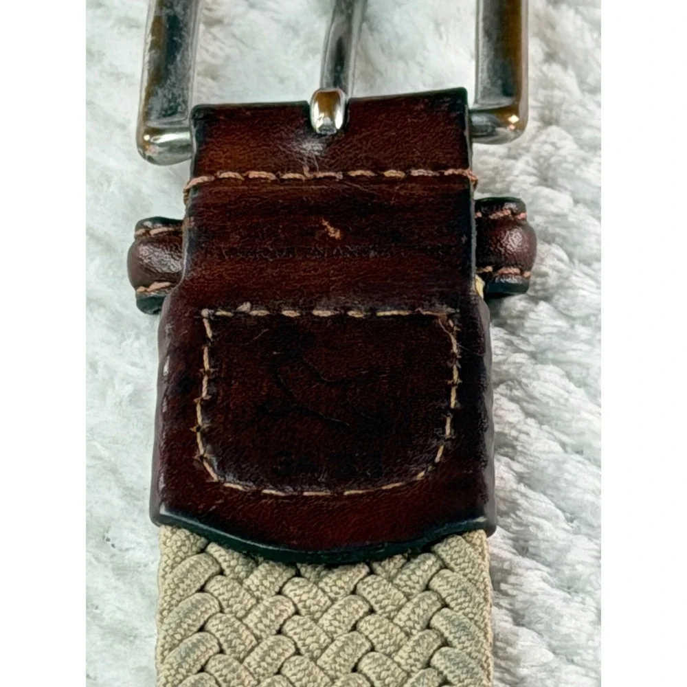 Vintage Mens Canvas Leather Stripe Belt 38 Khaki Navy Solid Brass USA